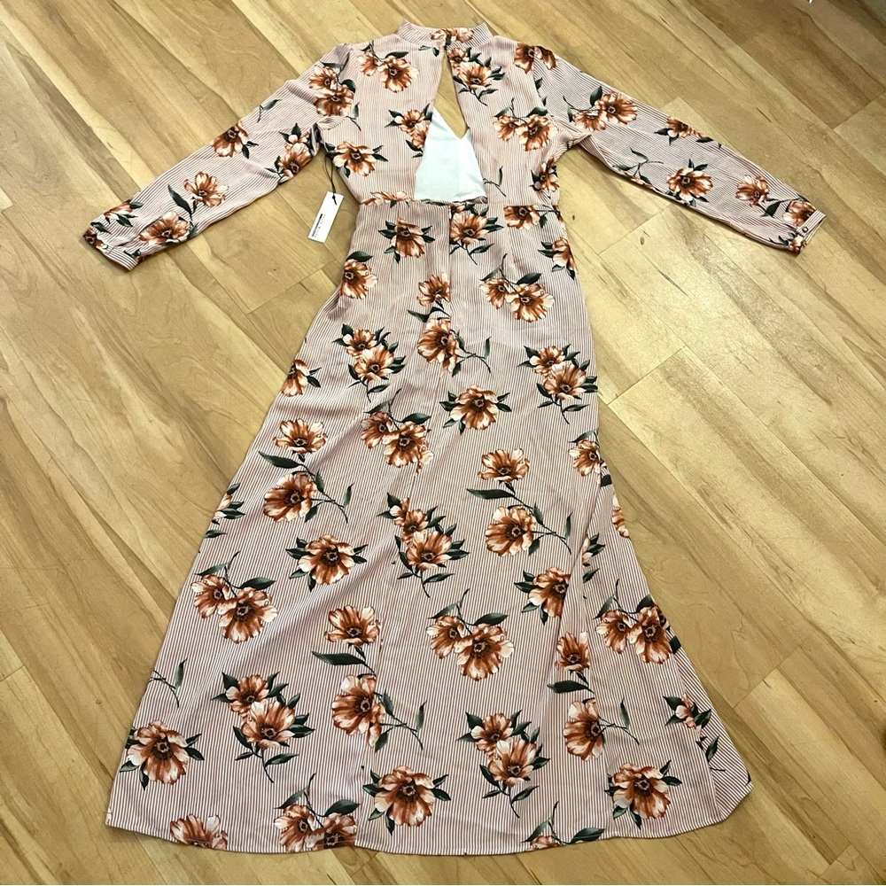 NWT Peach Pinstriped floral plunge 2-in1 Maxi Dress Romper Large Cottagecore - Picture 6 of 10
